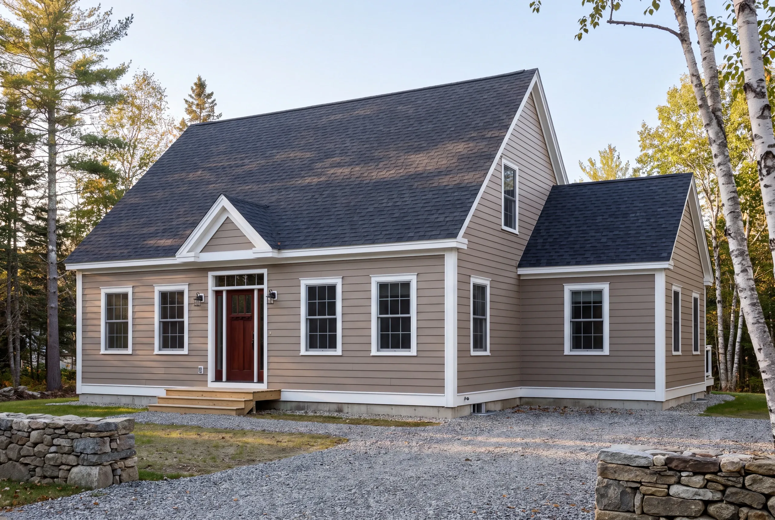 Kenneth Cox Construction terms and conditions: taupe lap-sided cape with a red-brown door, new wood steps and dry stone walls by the drive